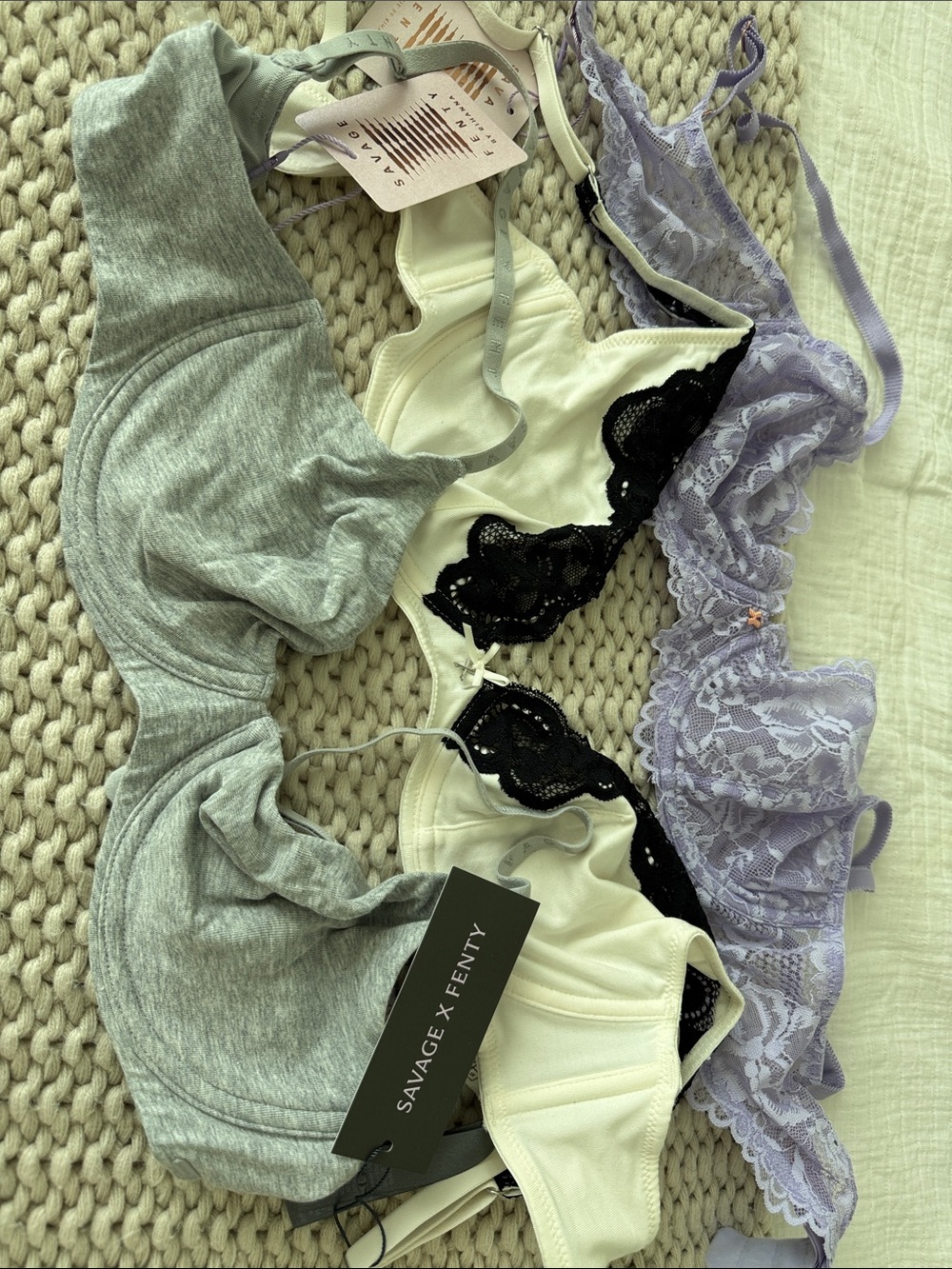 Savage X Fenty Gray, Ivory & Lavender Mixed Lace and Cotton Bra Set